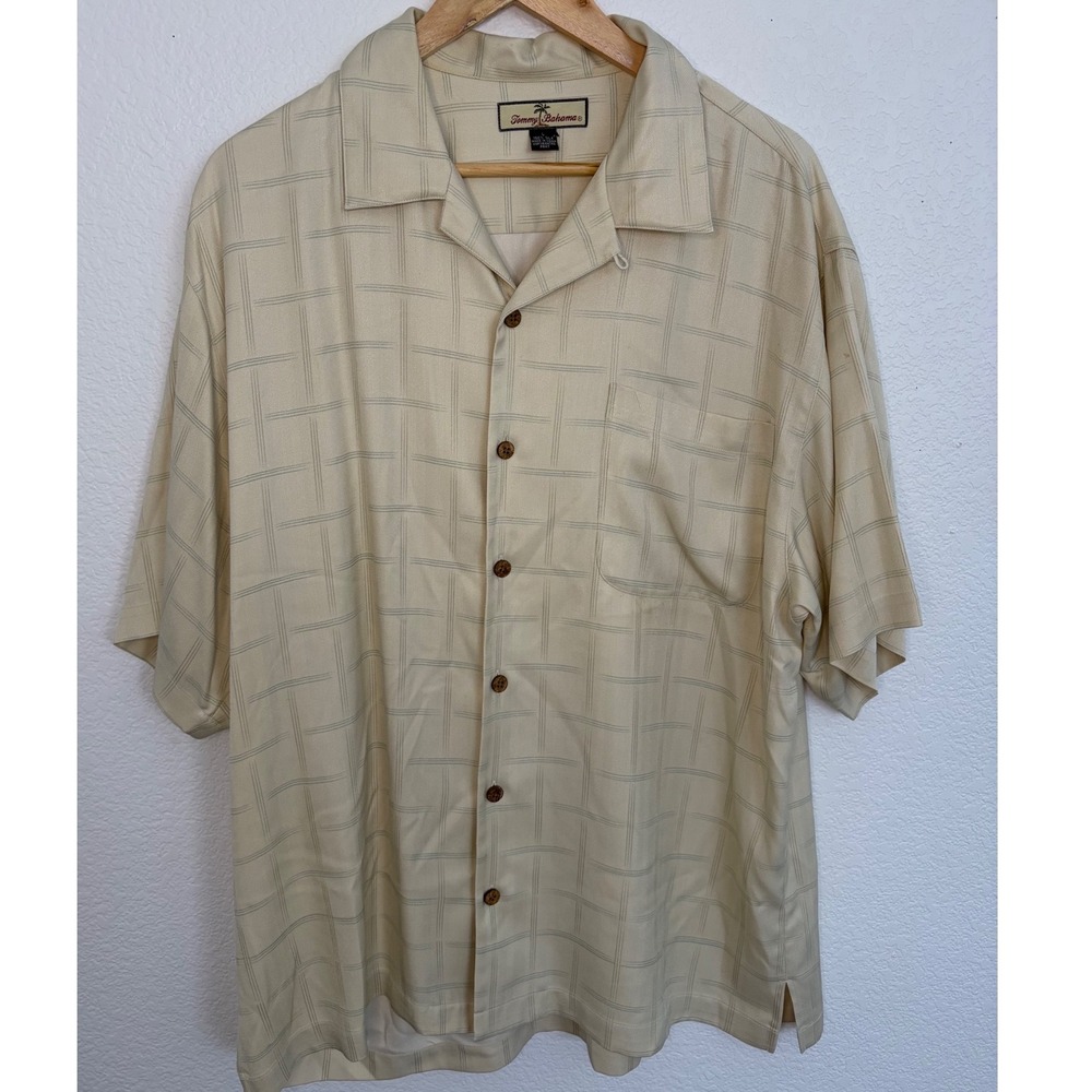 Tommy Bahama Mens Silk Camp Shirt Large Cream Hula Girl Pin Up Graphic Back Tan